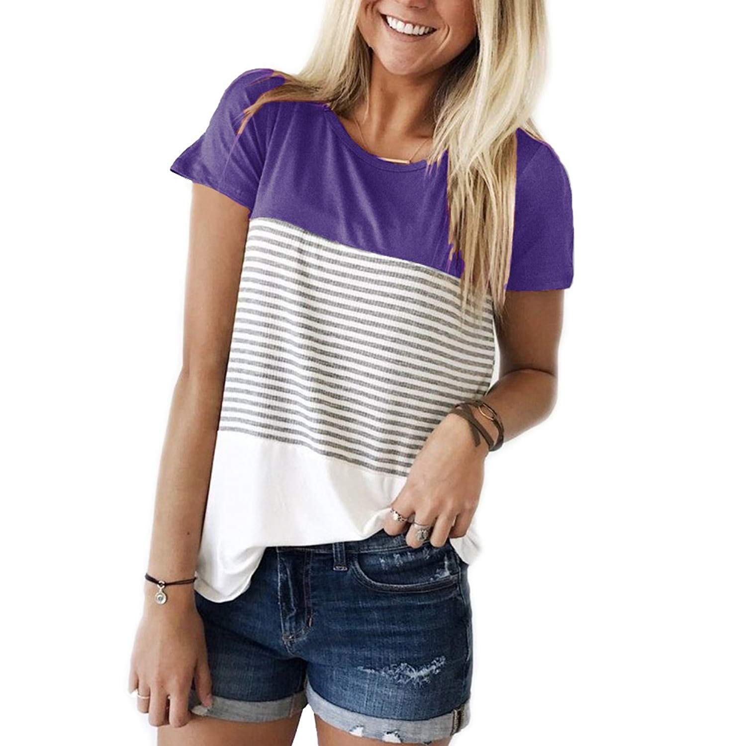 Short Sleeve and Long Sleeve Round Neck Triple Color Block Stripe T-Shirt Casual Blouse