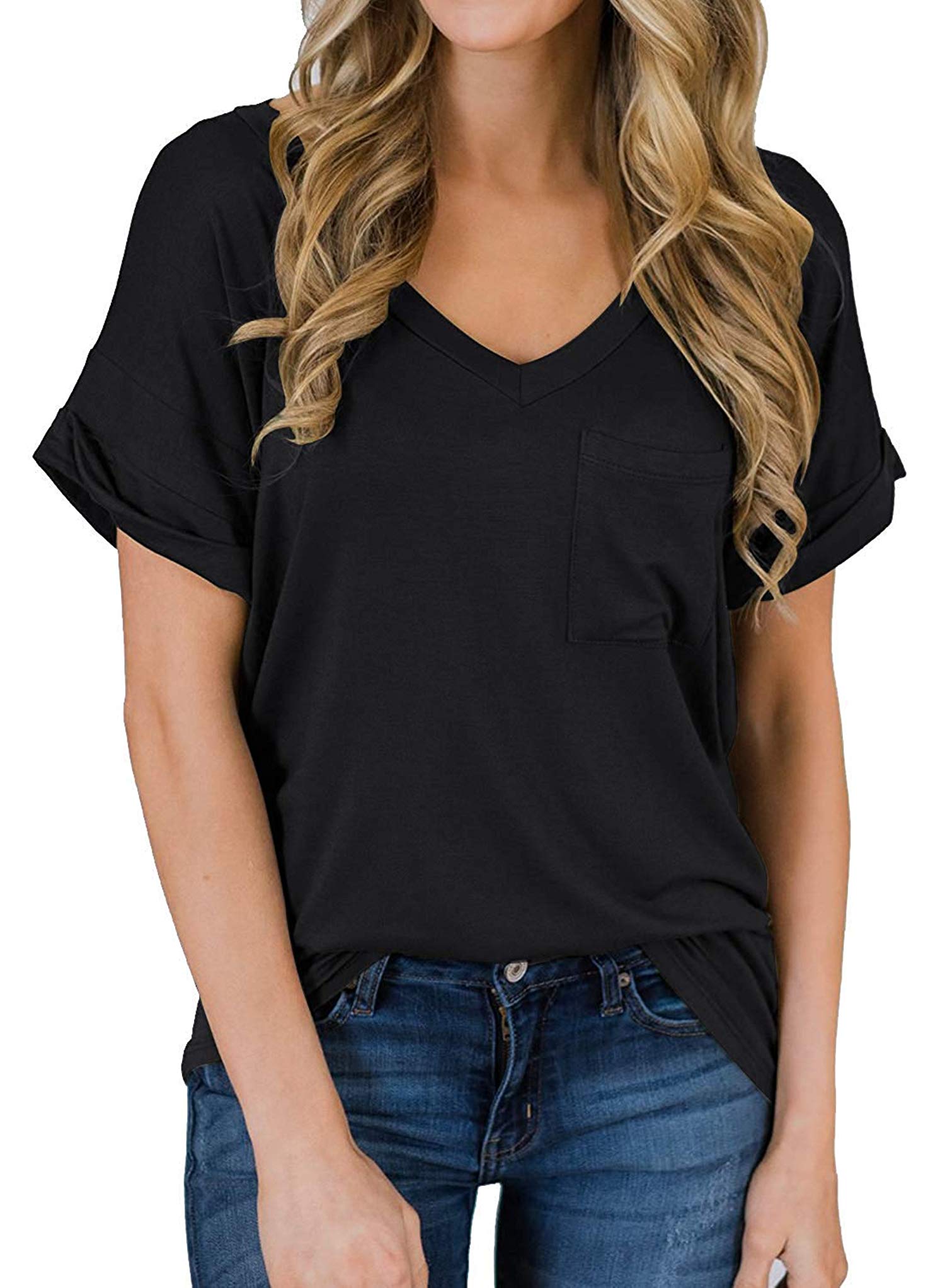 Women's V Neck T Shirt Rolled Sleeve Side Split Tunic Tops