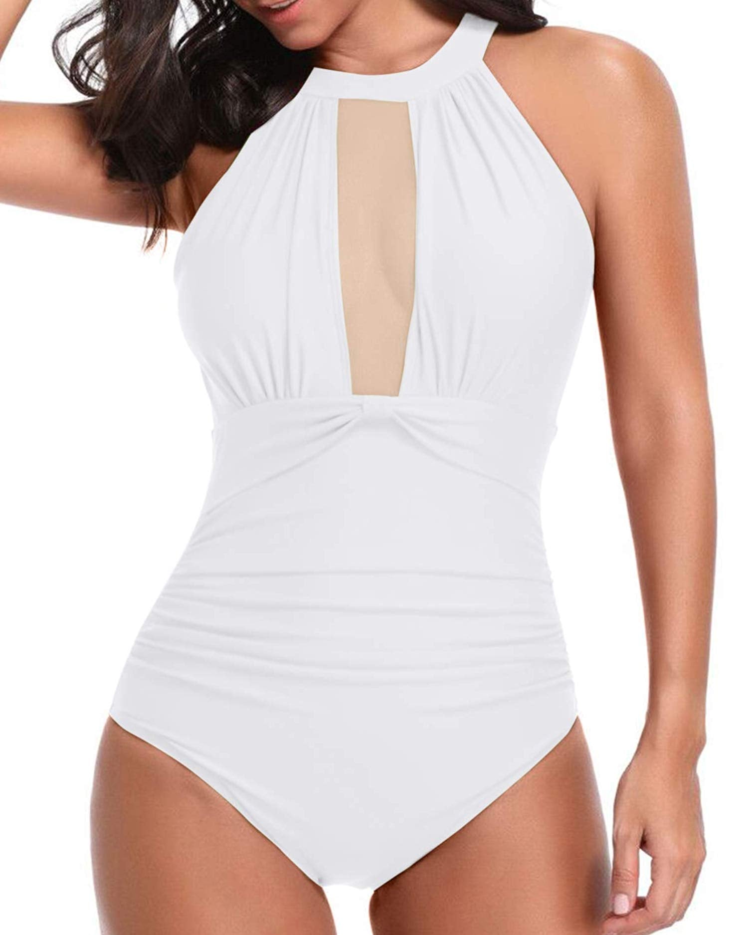 Women One Piece High Neck V-Neckline Mesh Ruched Monokini Swimwear