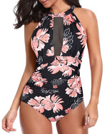 Load image into Gallery viewer, Women One Piece High Neck V-Neckline Mesh Ruched Monokini Swimwear
