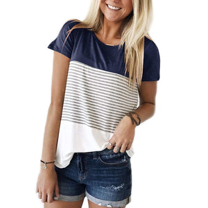 Short Sleeve and Long Sleeve Round Neck Triple Color Block Stripe T-Shirt Casual Blouse