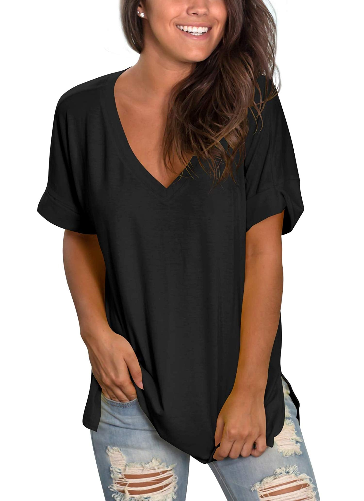 Women's V Neck T Shirt Rolled Sleeve Side Split Tunic Tops