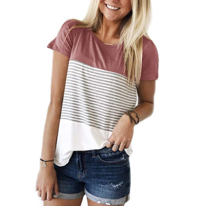 Short Sleeve and Long Sleeve Round Neck Triple Color Block Stripe T-Shirt Casual Blouse