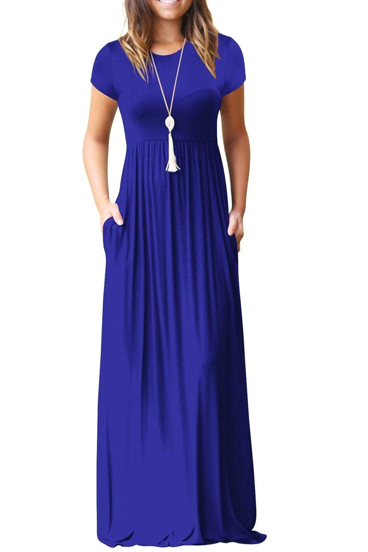 Women's Short Sleeve Loose Plain Maxi Dresses Casual Long Dresses with Pockets