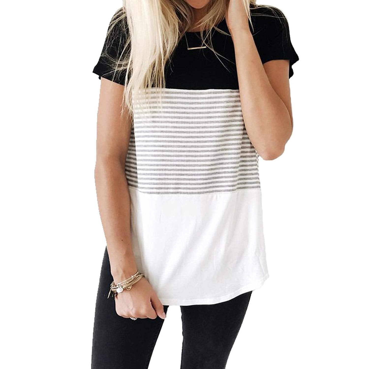 Short Sleeve and Long Sleeve Round Neck Triple Color Block Stripe T-Shirt Casual Blouse